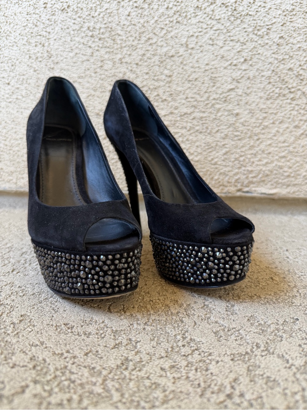 B Brian Atwood Black Suede Peep-Toe Platform Heels with Studded Platform
